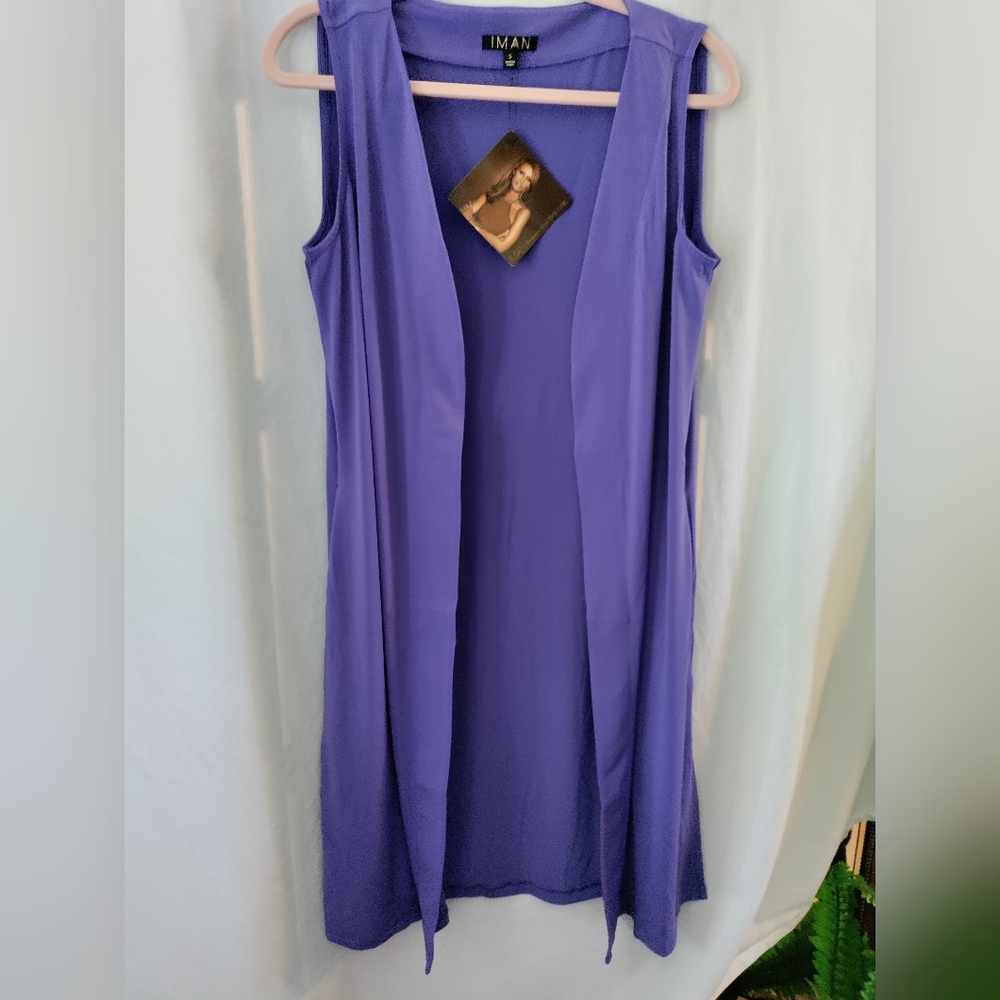 IMAN Global Resort Duster Vest Purple Pockets Side Slit Sm XS NWT. - Picture 2 of 12
